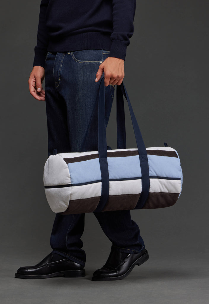Upcycled blue striped velvet duffel bag Pap'Atelier