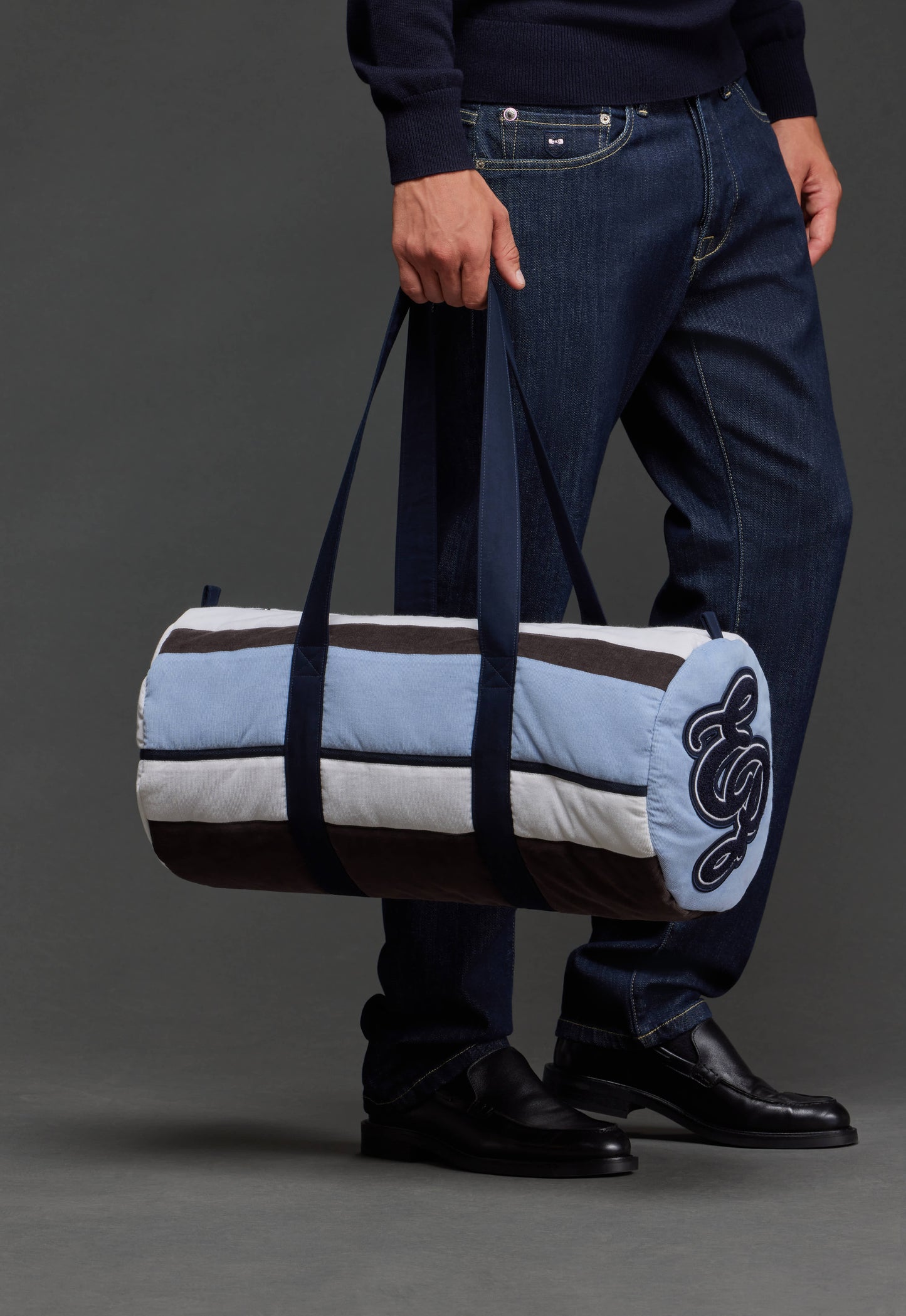 Sac polochon en velours rayé bleu upcyclé Pap'Atelier