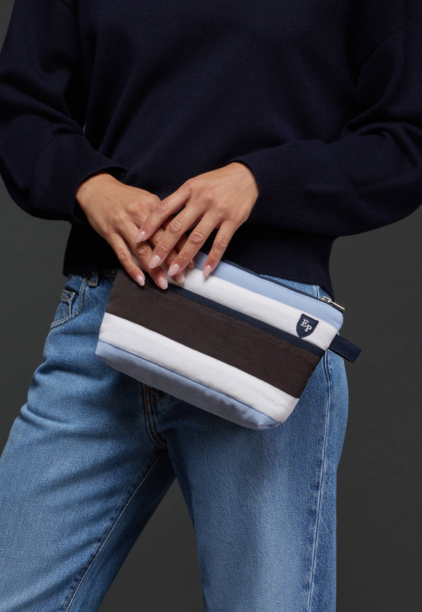 Pochette en velours rayé upcyclée Pap'Atelier
