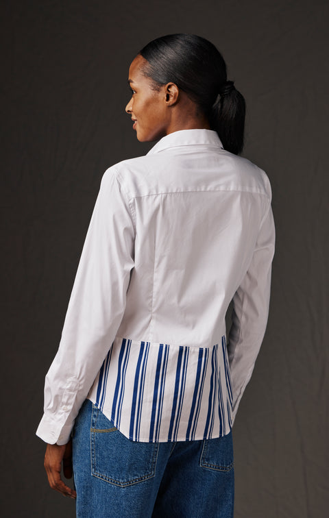 Chemise en popeline de coton blanche et patchwork rayé upcyclée Pap'Atelier - Image 2