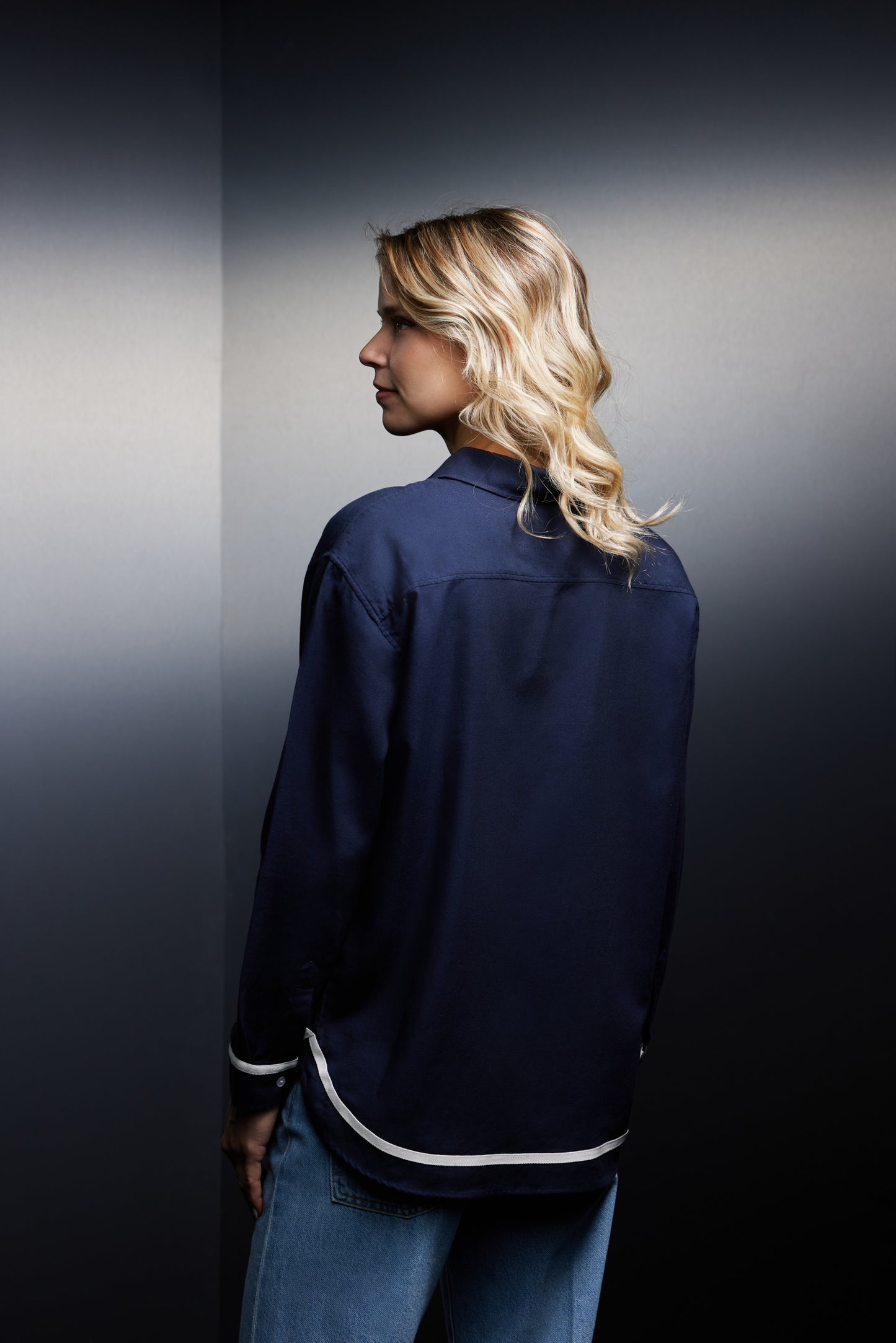 Chemise en coton marine à galons écrus upcyclée Pap'Atelier