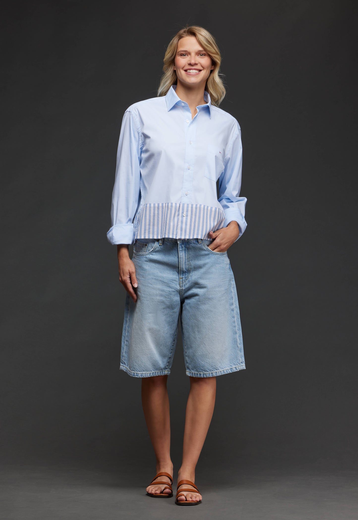 Chemise en coton ciel à empiècement rayé upcyclée Pap'Atelier