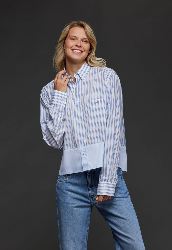 Striped blue cotton shirt with plain yoke upcycled Pap'Atelier