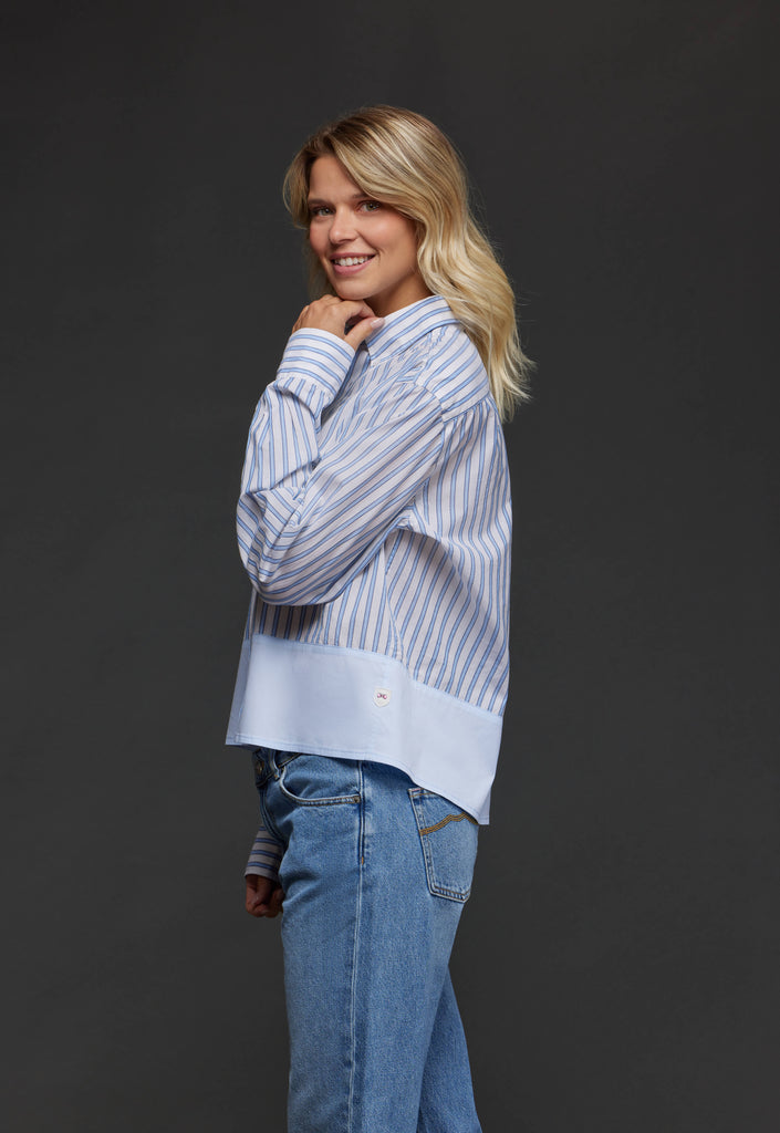 Striped blue cotton shirt with plain yoke upcycled Pap'Atelier