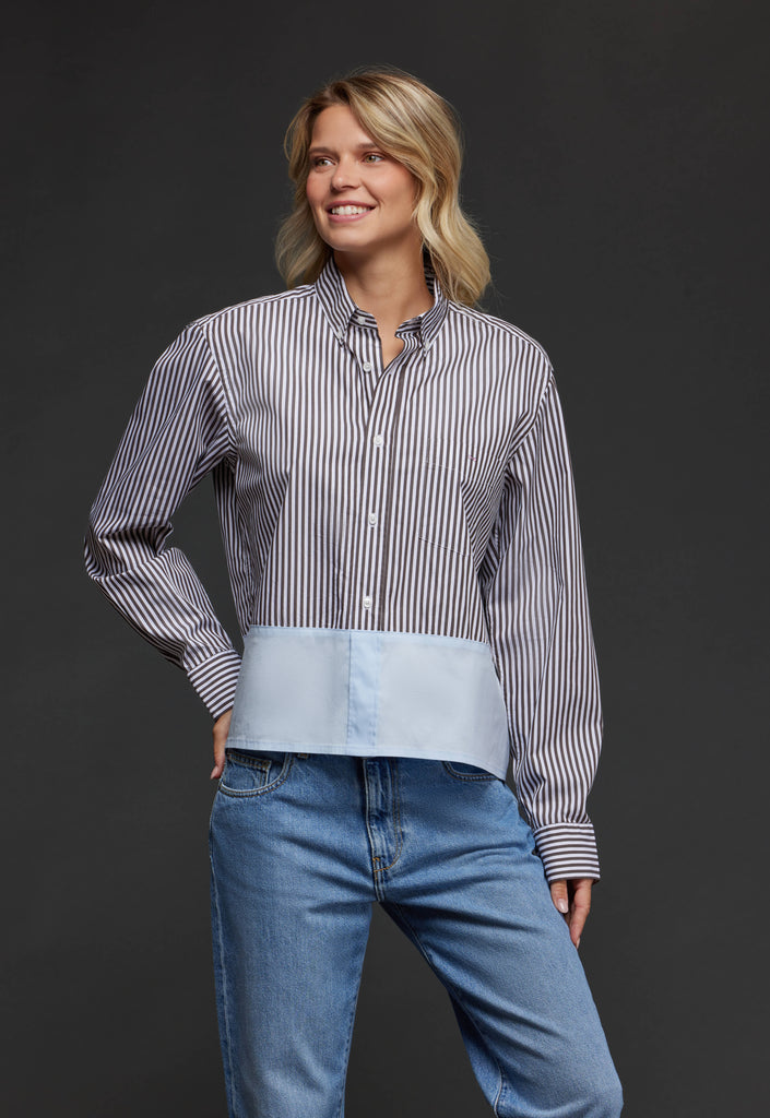 Brown striped cotton shirt with sky yoke upcycled Pap'Atelier
