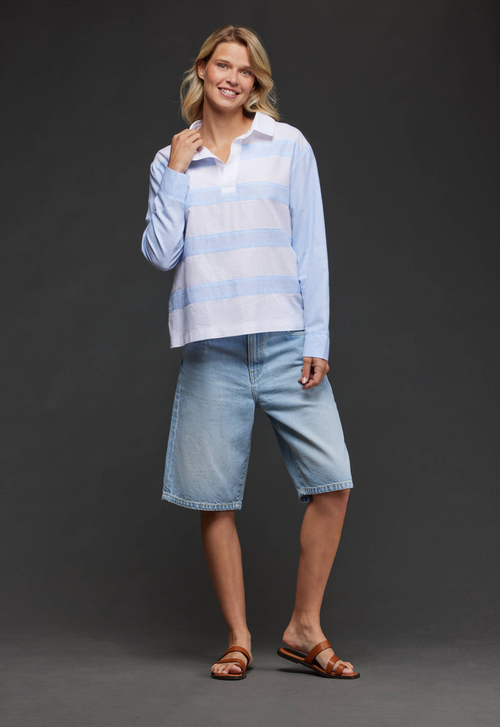 Upcycled white and blue striped cotton jersey tunic Pap'Atelier