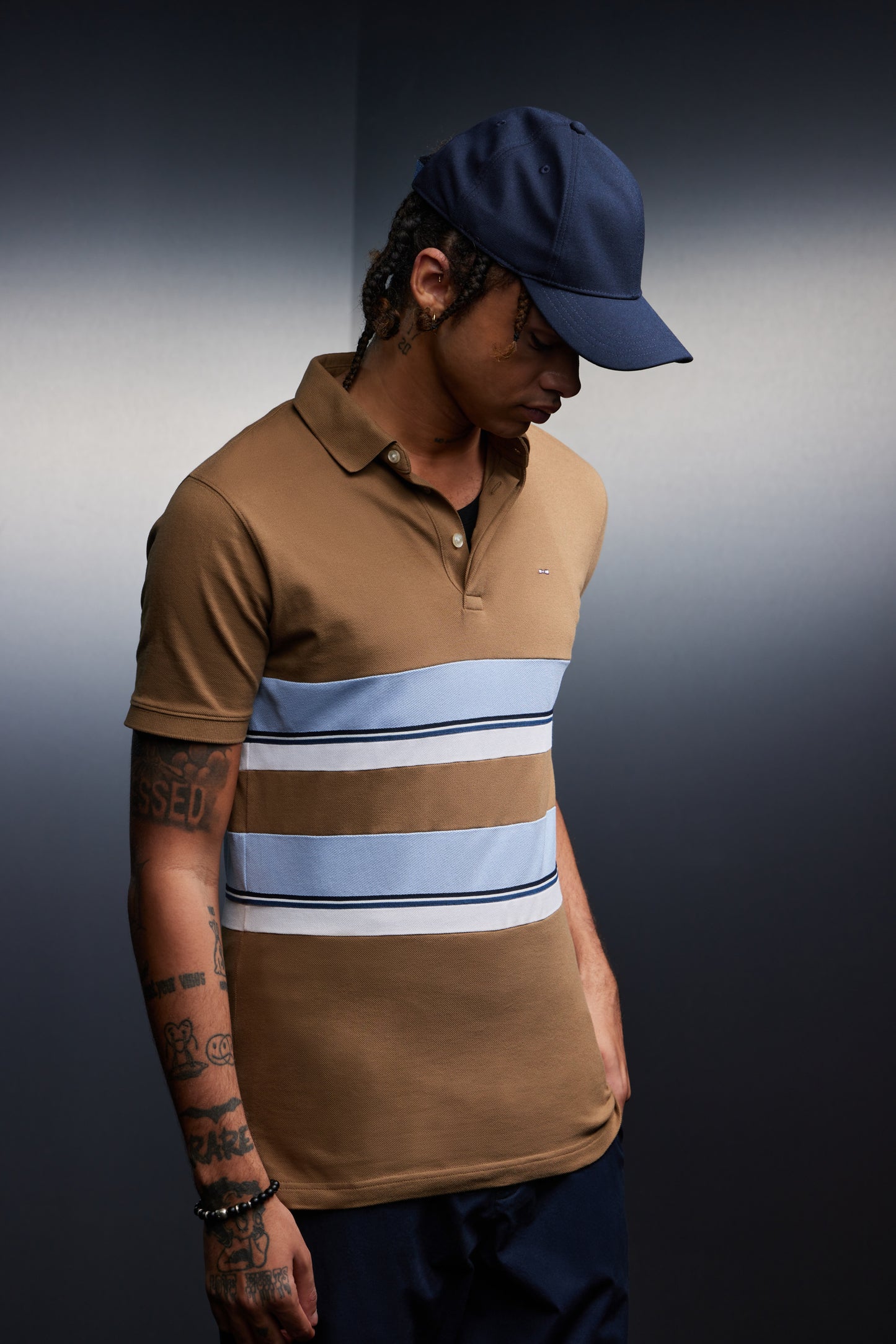 Maillot en coton camel à rayures ciel coupé cousu upcyclé Pap'Atelier