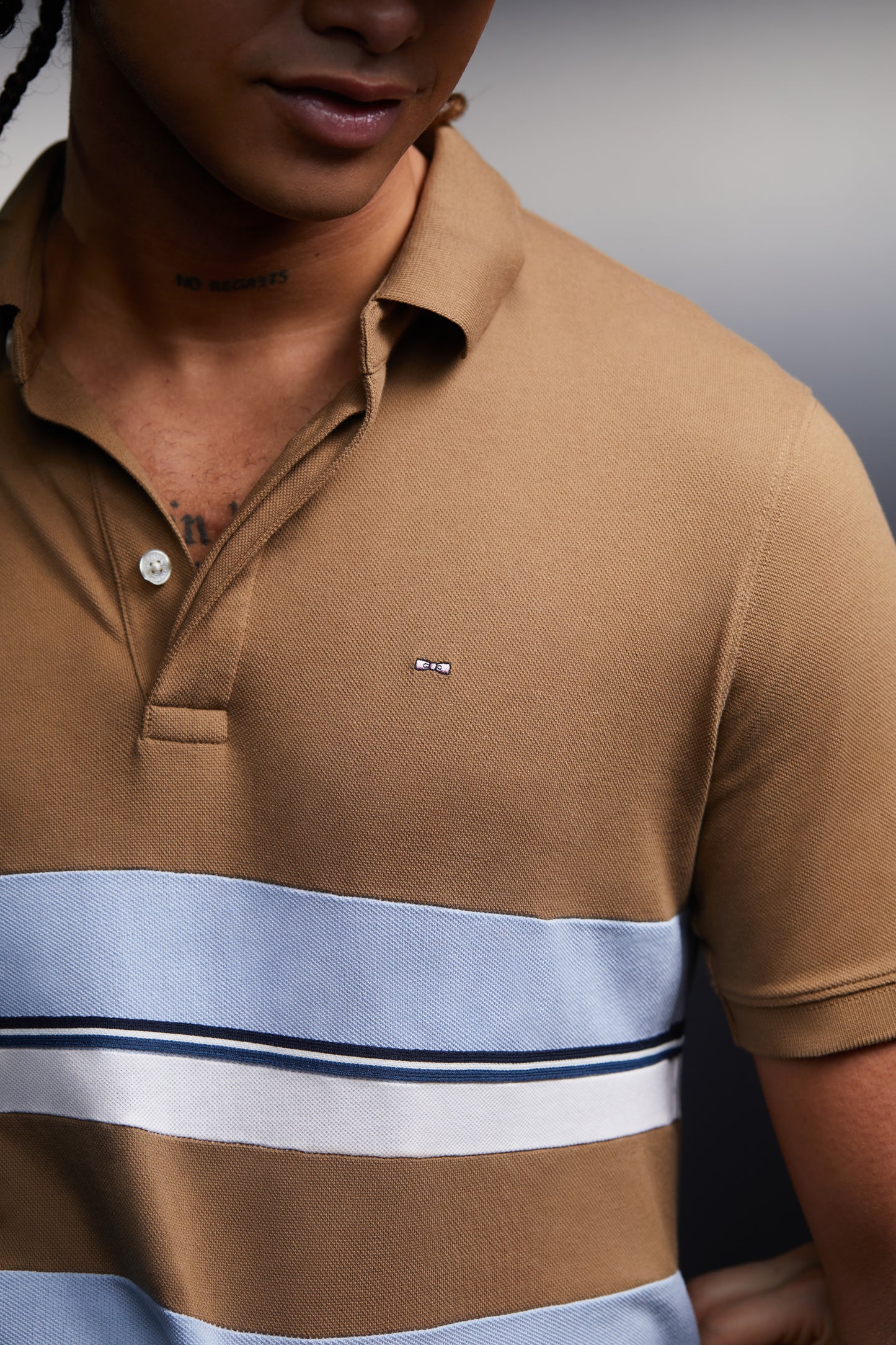 Maillot en coton camel à rayures ciel coupé cousu upcyclé Pap'Atelier