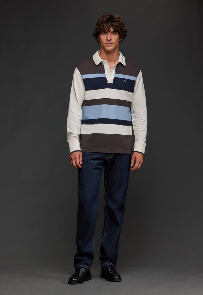 Brown, white and blue striped cotton jersey cut and sewn upcycled Pap'Atelier