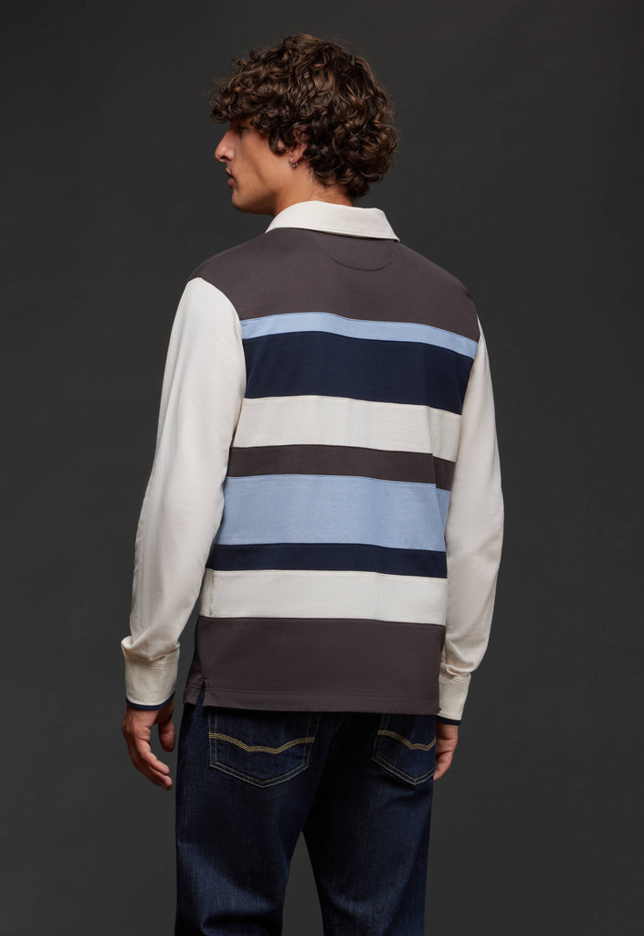 Brown, white and blue striped cotton jersey cut and sewn upcycled Pap'Atelier