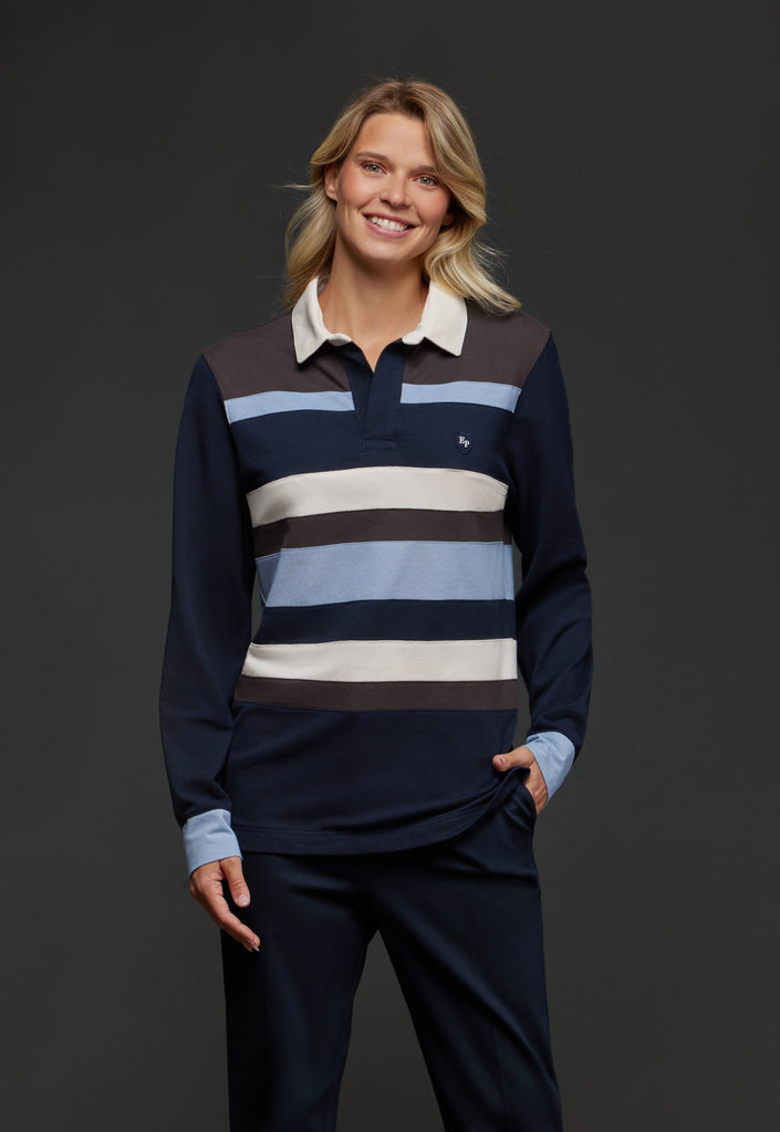 Blue and brown striped cotton jersey cut and sewn upcycled Pap'Atelier