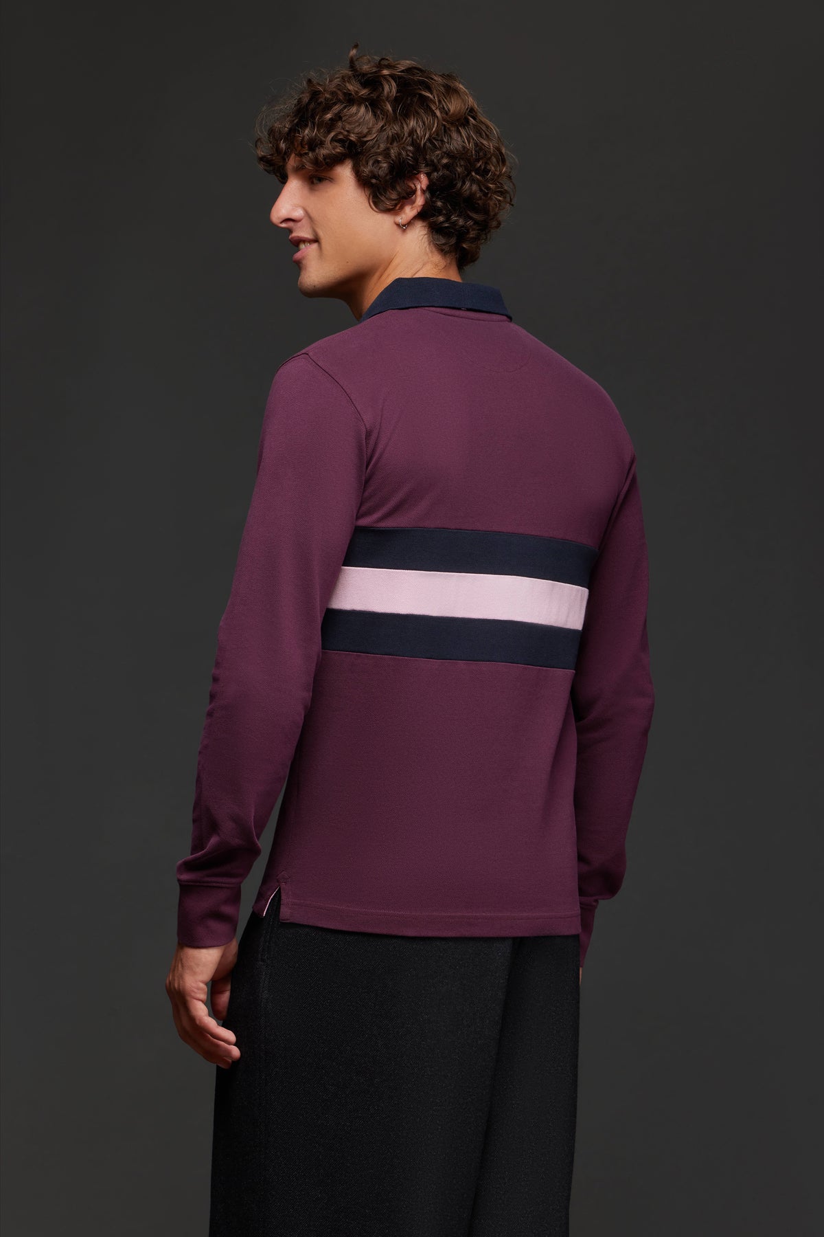 Polo manches longues upcyclé Pap'Atelier en coton bordeaux à rayures marine et roses
