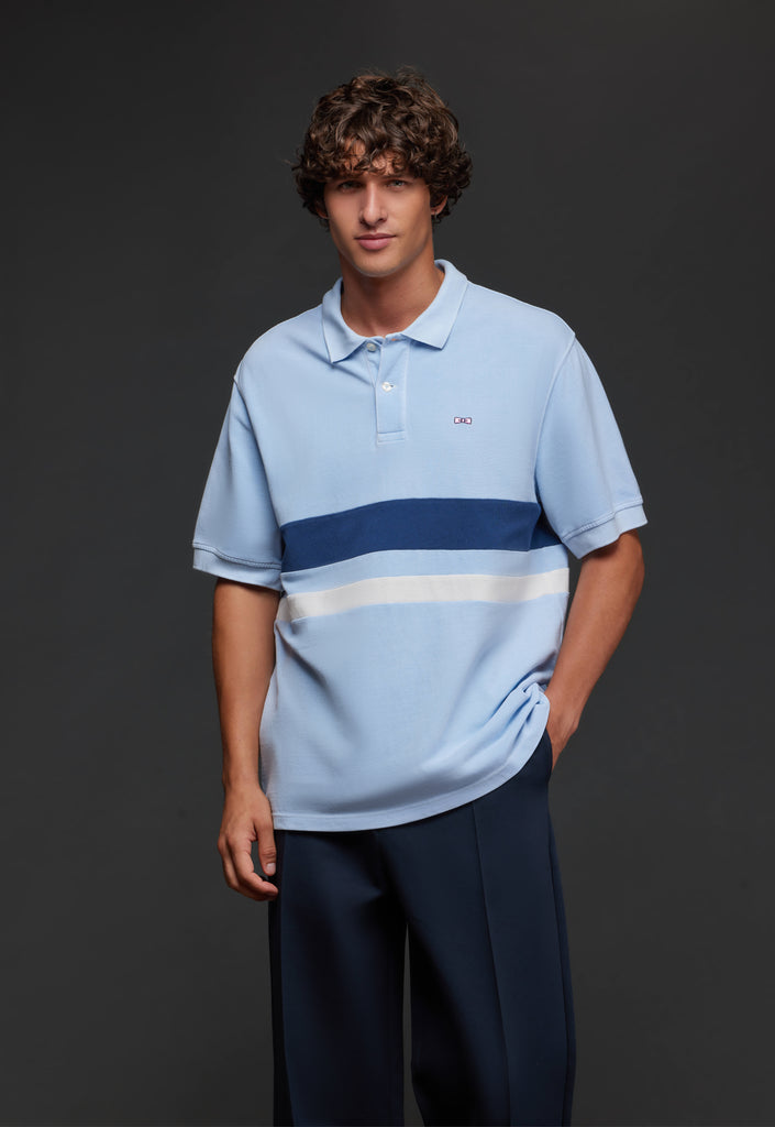 Pap'Atelier upcycled cut and sew striped sky cotton polo shirt