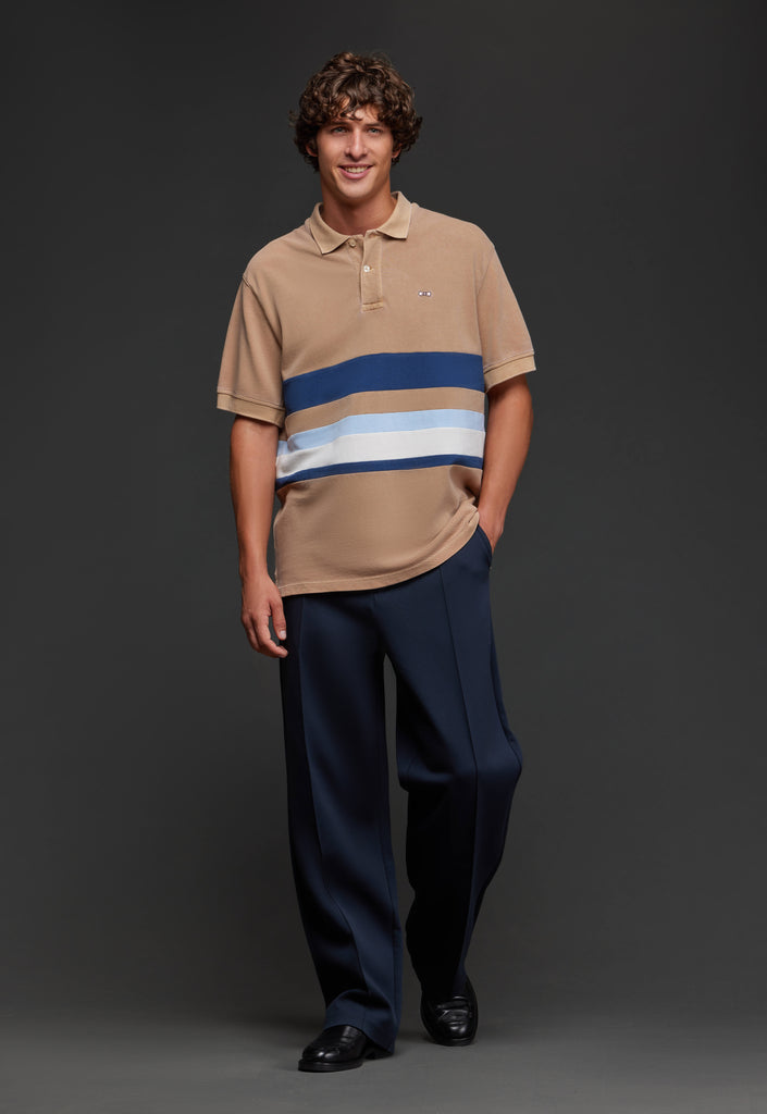 Camel striped cotton polo shirt cut and sewn upcycled Pap'Atelier