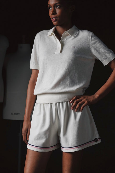Short blanc taille élastique Pap'atelier à galons rayés et écusson - Image 1