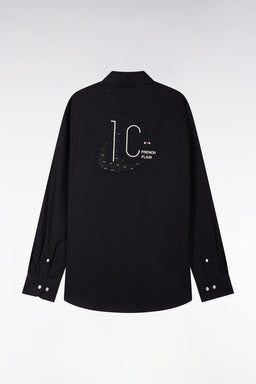 Chemise en coton pinpoint noire broderie dos coupe droite