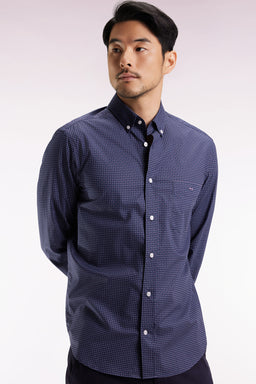 Chemise en coton Pima marine à micro-motifs nœud papillon coupe droite - Image 3