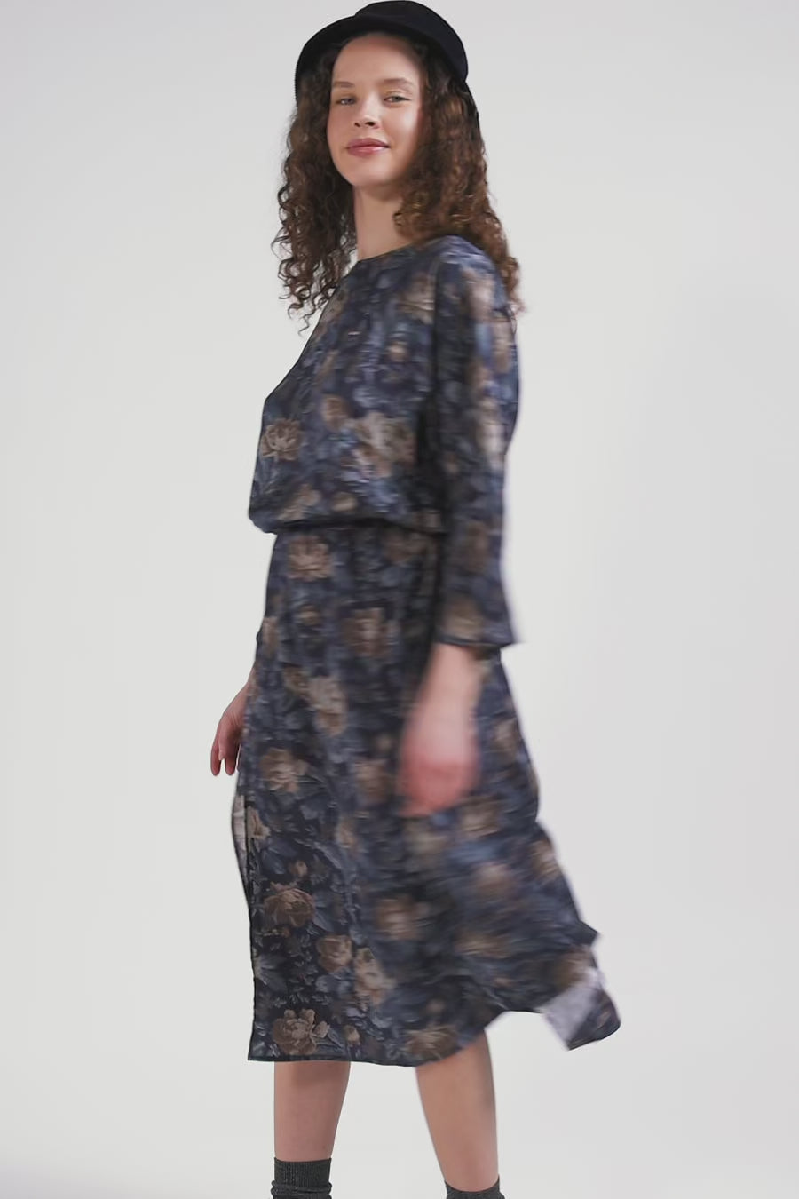 Navy blue lyocell floral dress with long sleeves