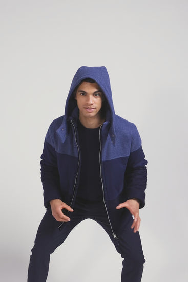 Blouson zippé à capuche en jersey de laine bleu marine