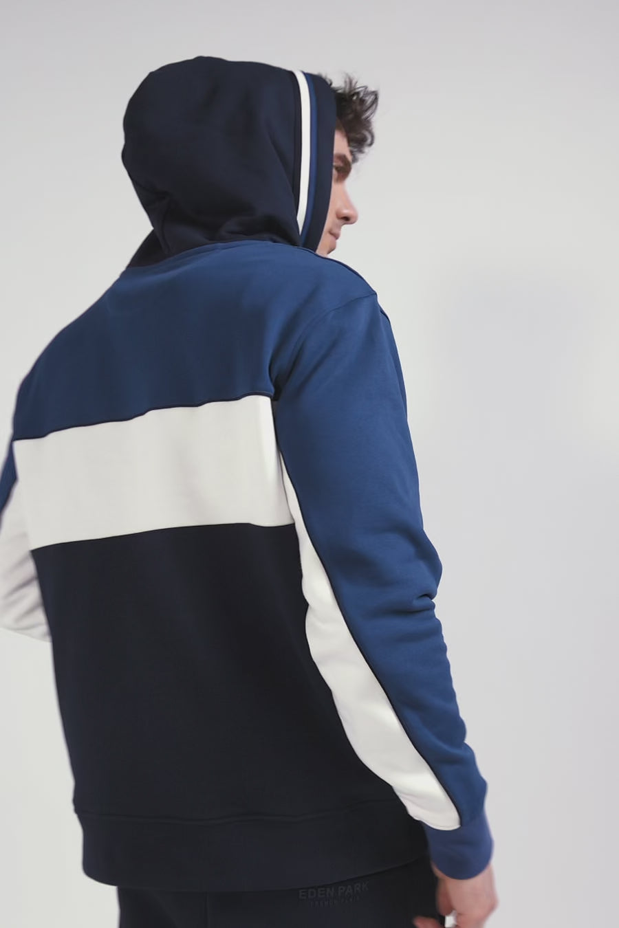 Relaxed dark blue tricolor cotton hoodie