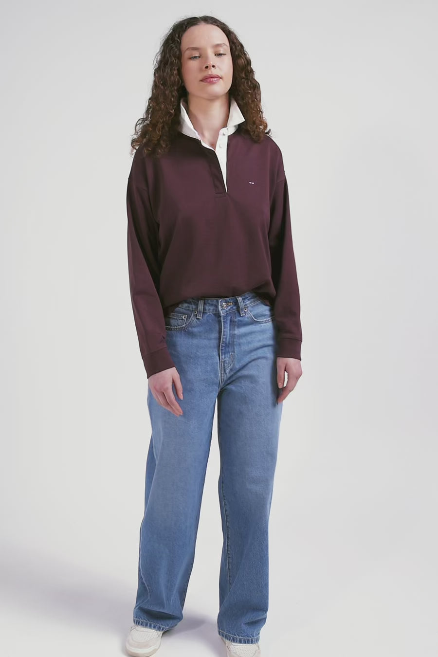 Relaxed burgundy long-sleeved cotton rugby shirt