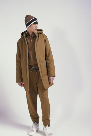 Parka à capuche en gabardine de coton camel