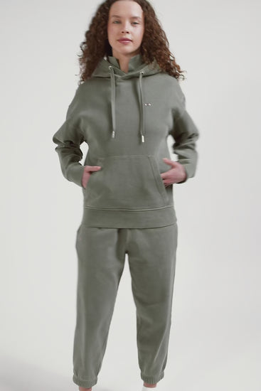 Sweatshirt à capuche unisexe en molleton coton kaki surteint coupe Oversized