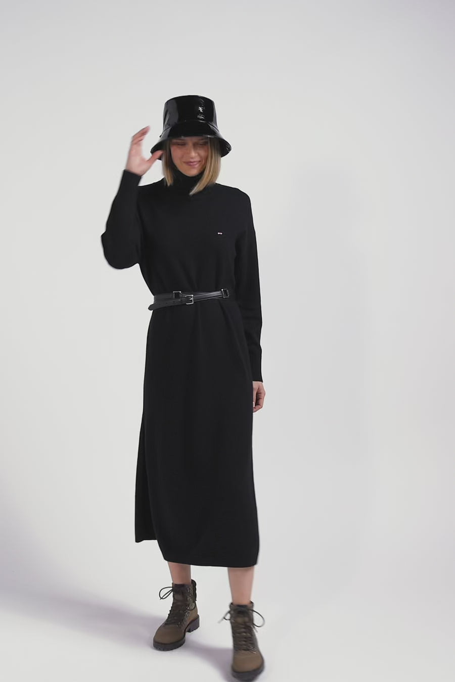 Relaxed black wool and cotton turtleneck dress