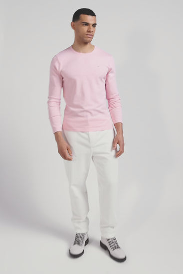 T-shirt manches longues en coton uni rose coupe Slim