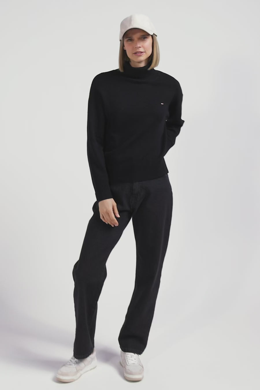 Relaxed black wool and cotton turtleneck jumper