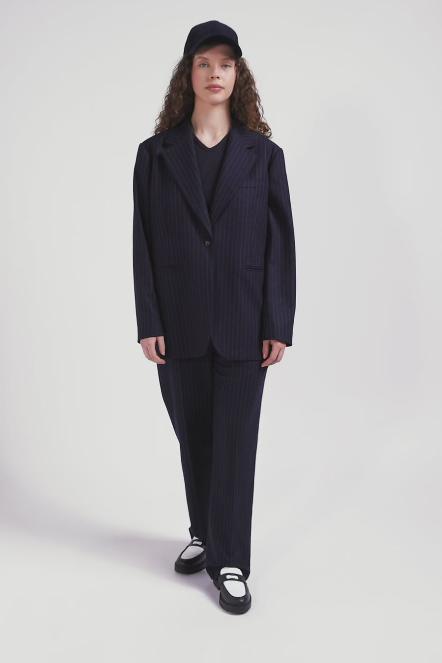 Navy blue striped wool blazer Oversized fit