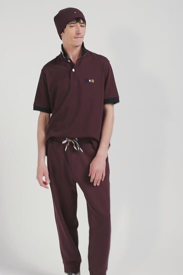 Polo manches courtes en piqué coton bordeaux détails tricolores coupe Oversized