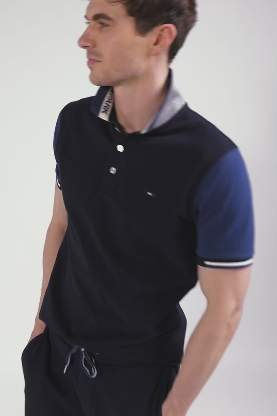 Polo manches courtes en piqué coton bleu marine col jacquard Eden Park coupe Regular