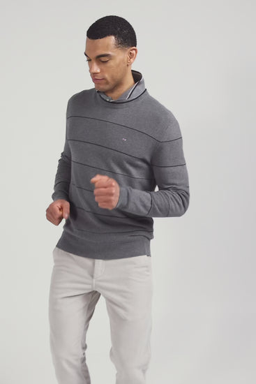 Pull col rond rayé en coton et cachemire gris coupe Regular