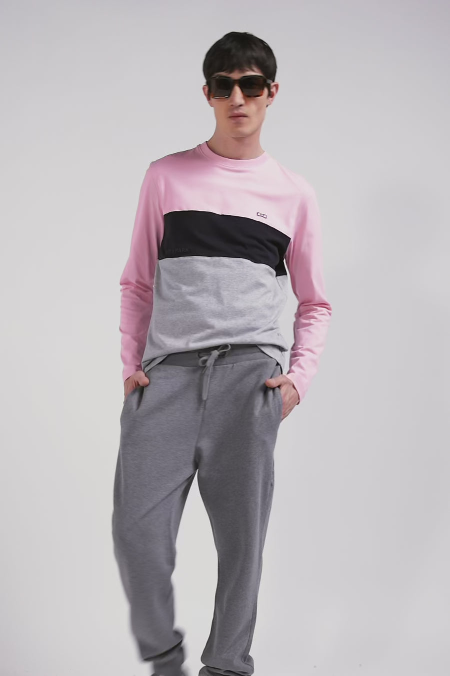 Regular pink colorblock long-sleeved cotton T-shirt