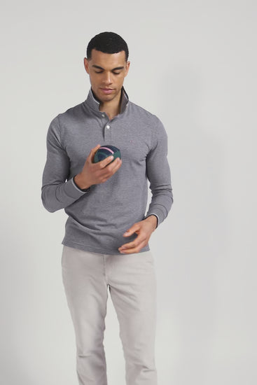 Polo manches longues gris en coton stretch finitions rayées