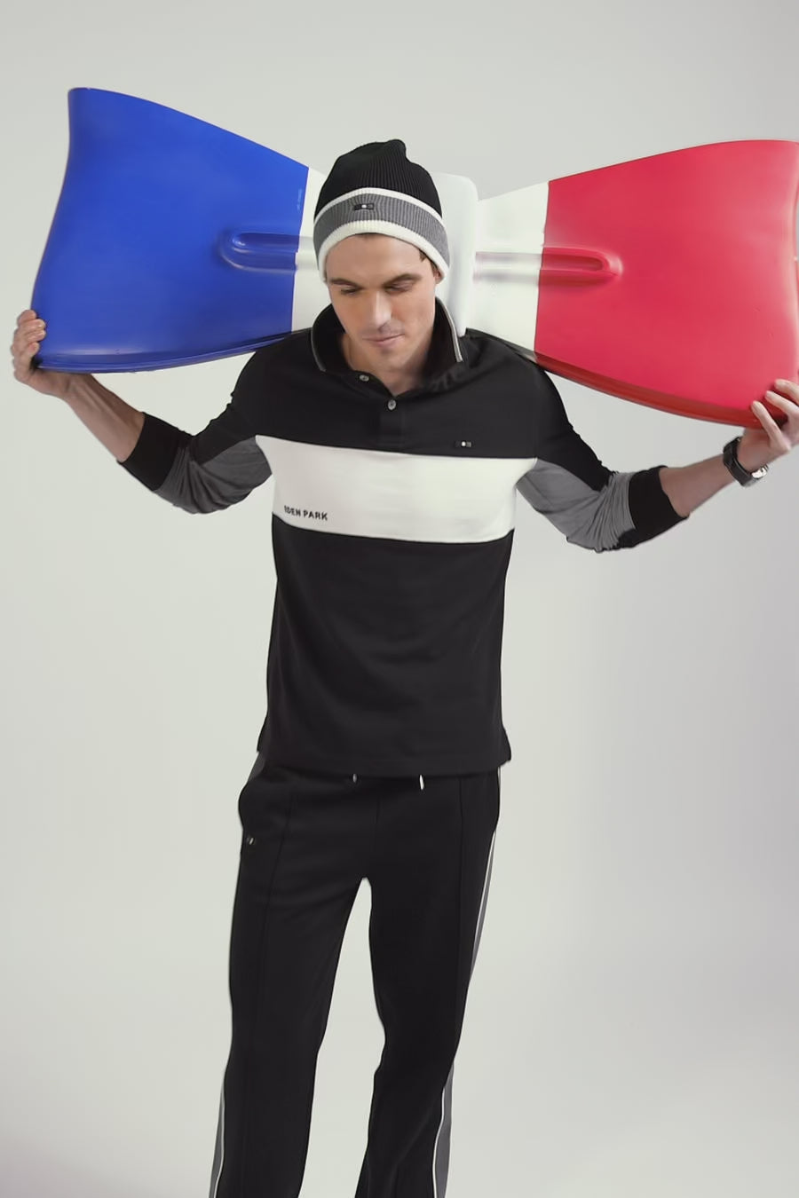 Polo manches longues colorblock en piqué coton noir coupe Regular