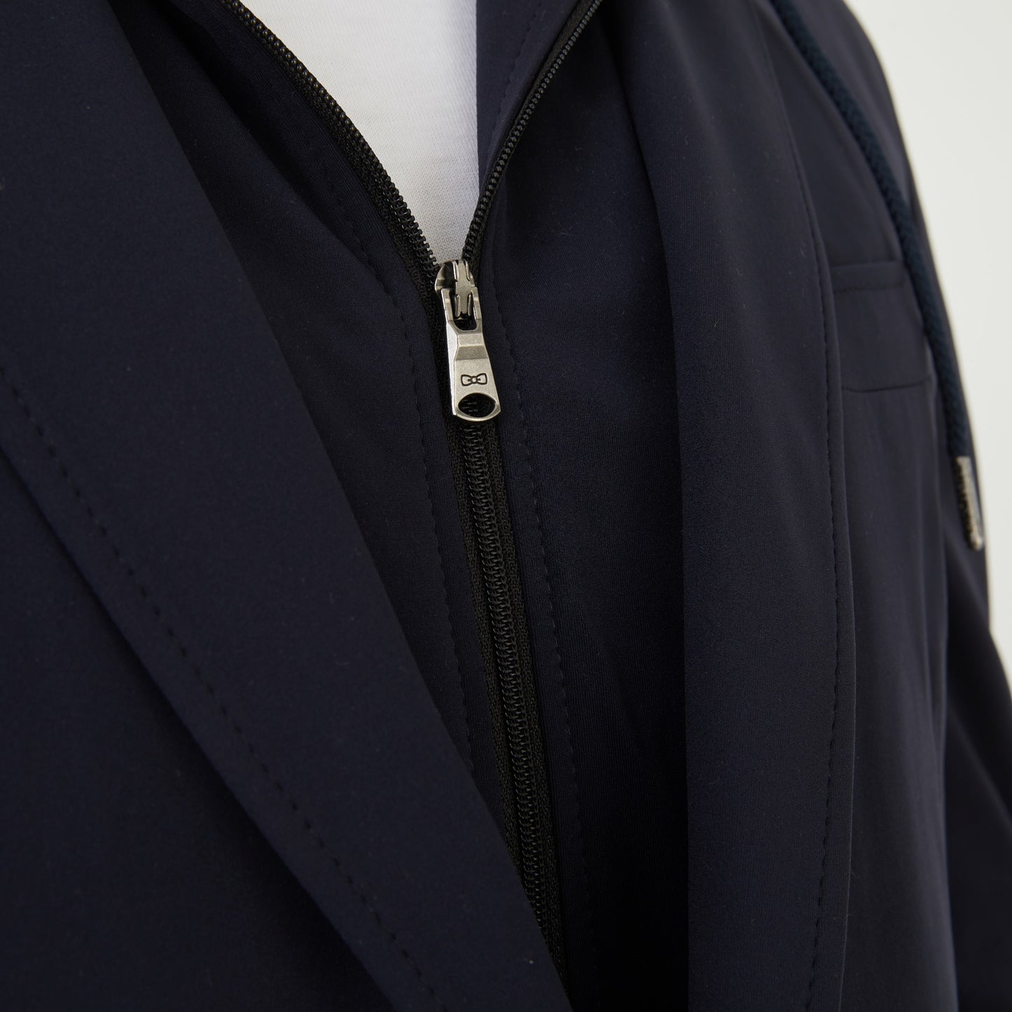 Dark blue blazer with removeable sweatshirt layer.