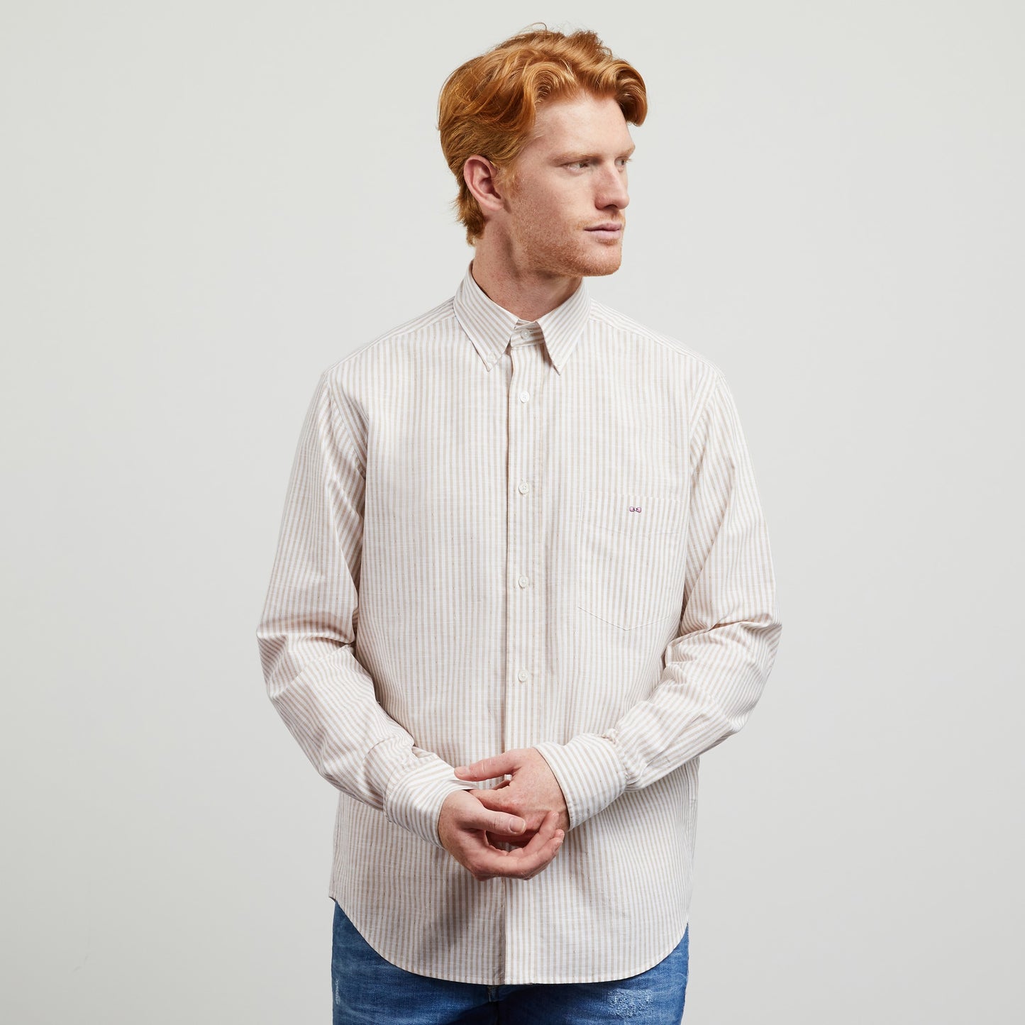 Chemise beige rayée en coton