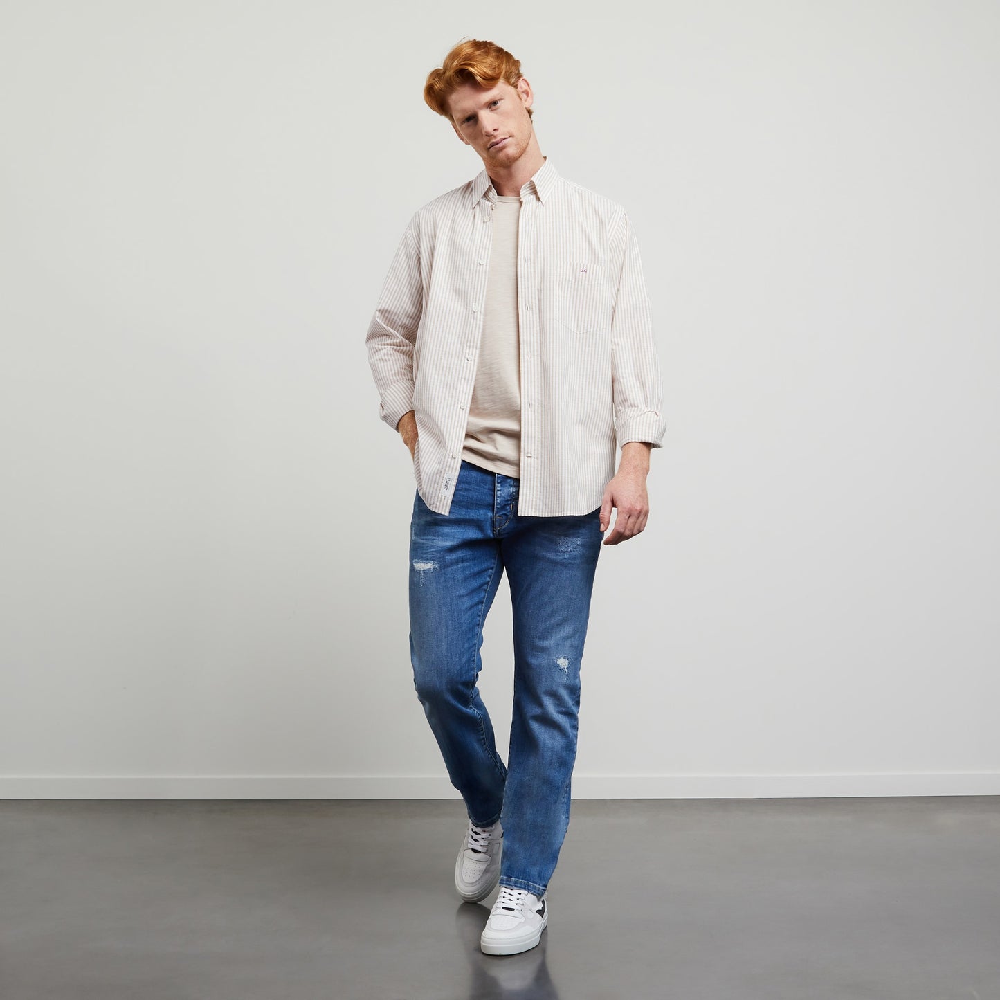 Chemise beige rayée en coton