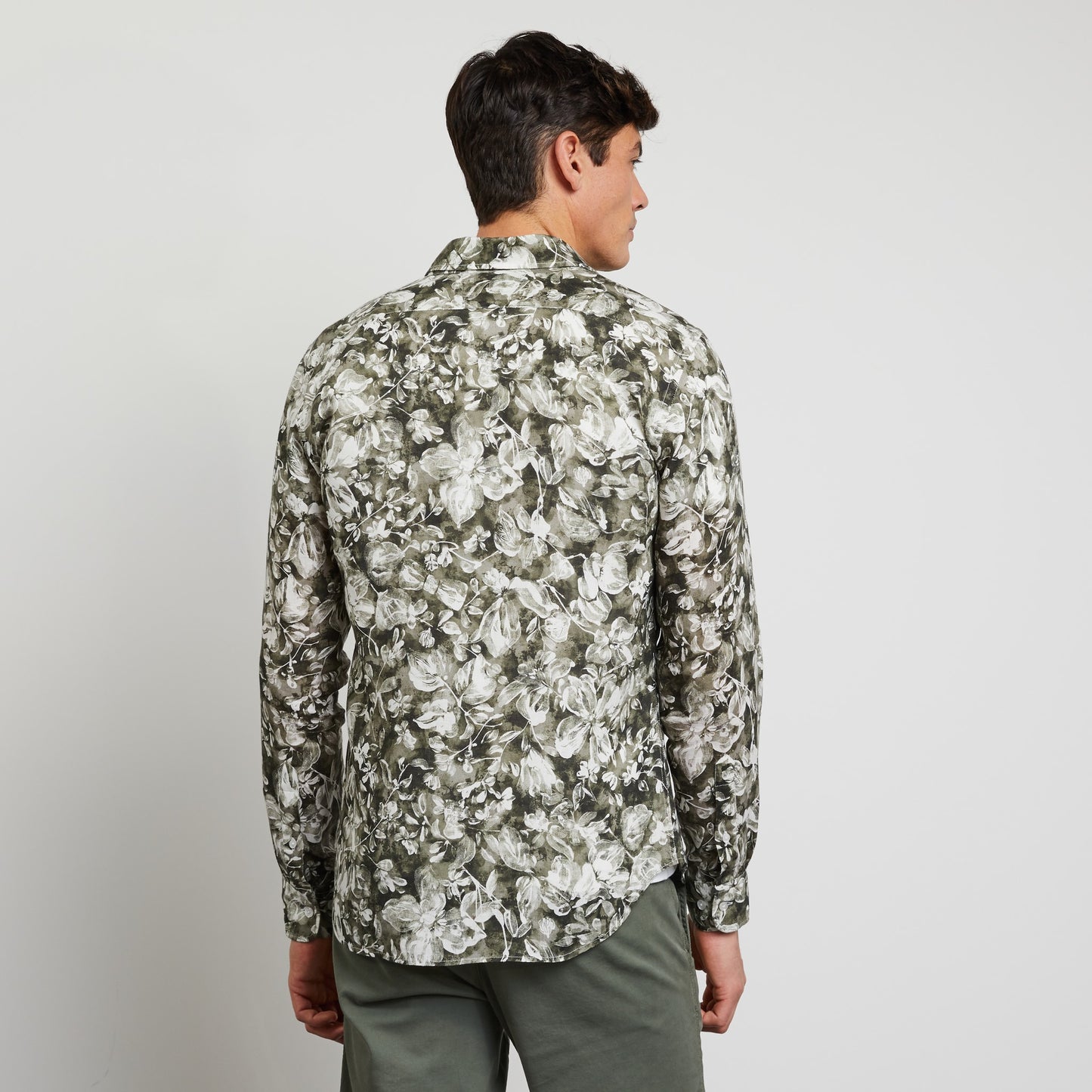 Khaki linen shirt with a floral print