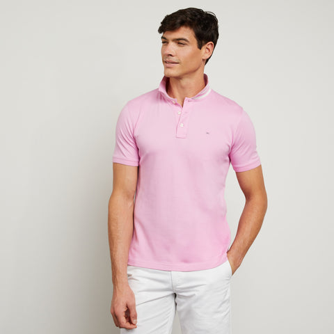 Pink polo in Pima cotton pique, with striped collar - Image 3