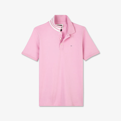 Pink polo in Pima cotton pique, with striped collar - Image 2