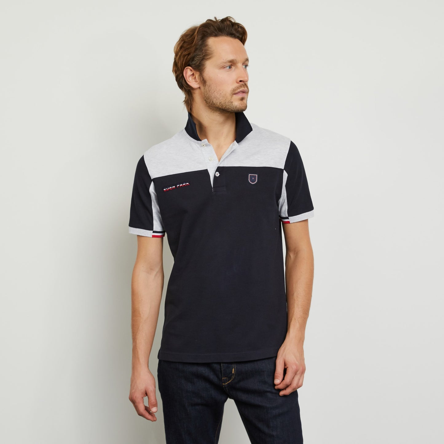 Grey colour-block polo in cotton pique