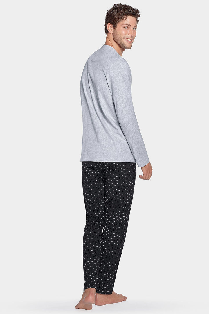 Pyjama long gris à micro motifs en jersey coton alt view