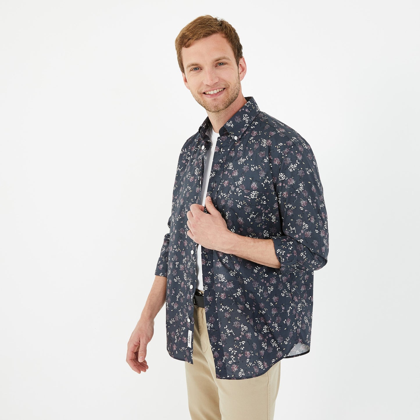 Chemise bleu marine en coton premium à motif fleuri