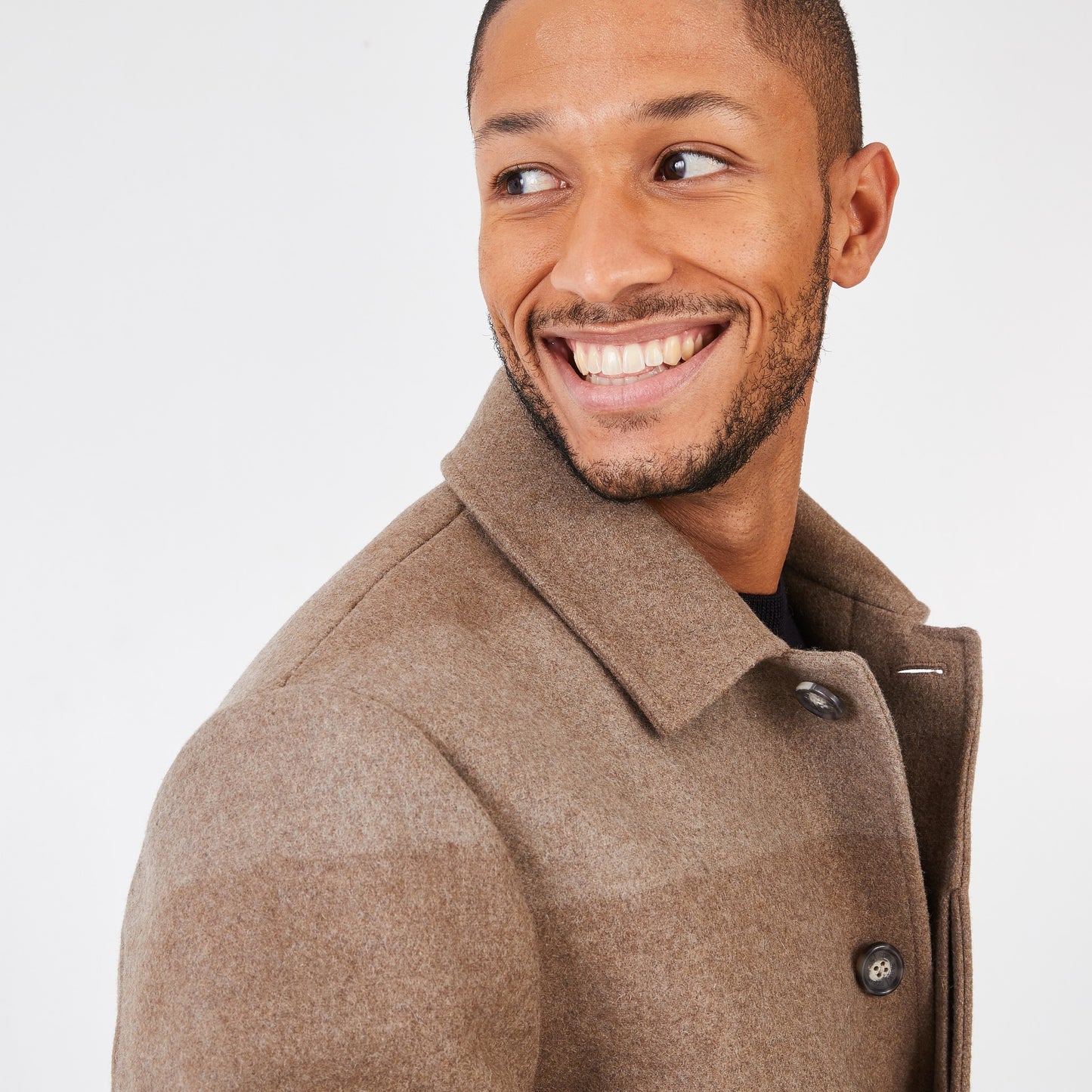 Manteau court camel en drap de laine mélangé rayé