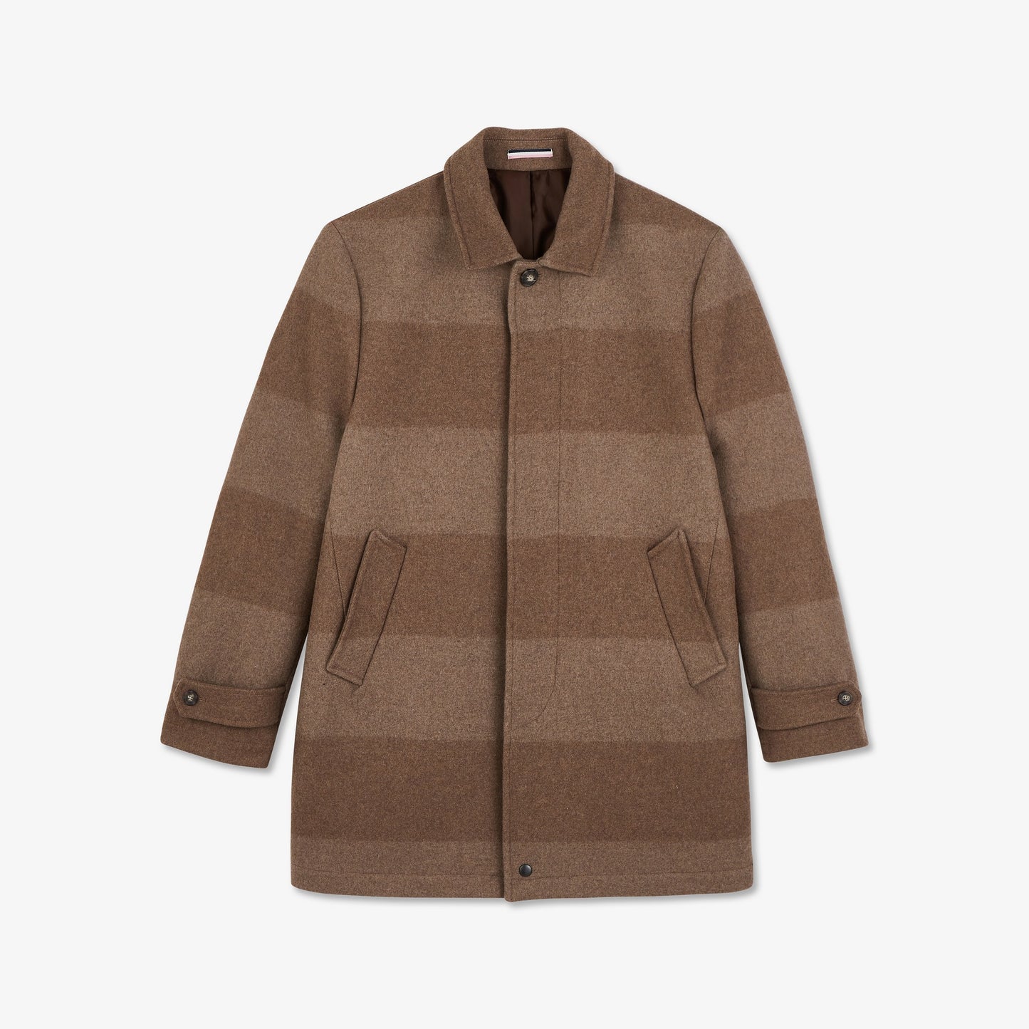 Manteau court camel en drap de laine mélangé rayé