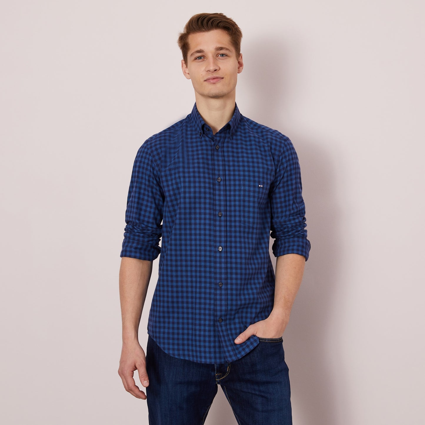 Chemise en coton bleu à carreaux