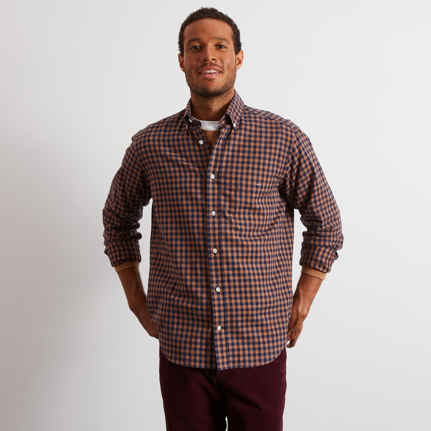 Chemise en coton marron à carreaux